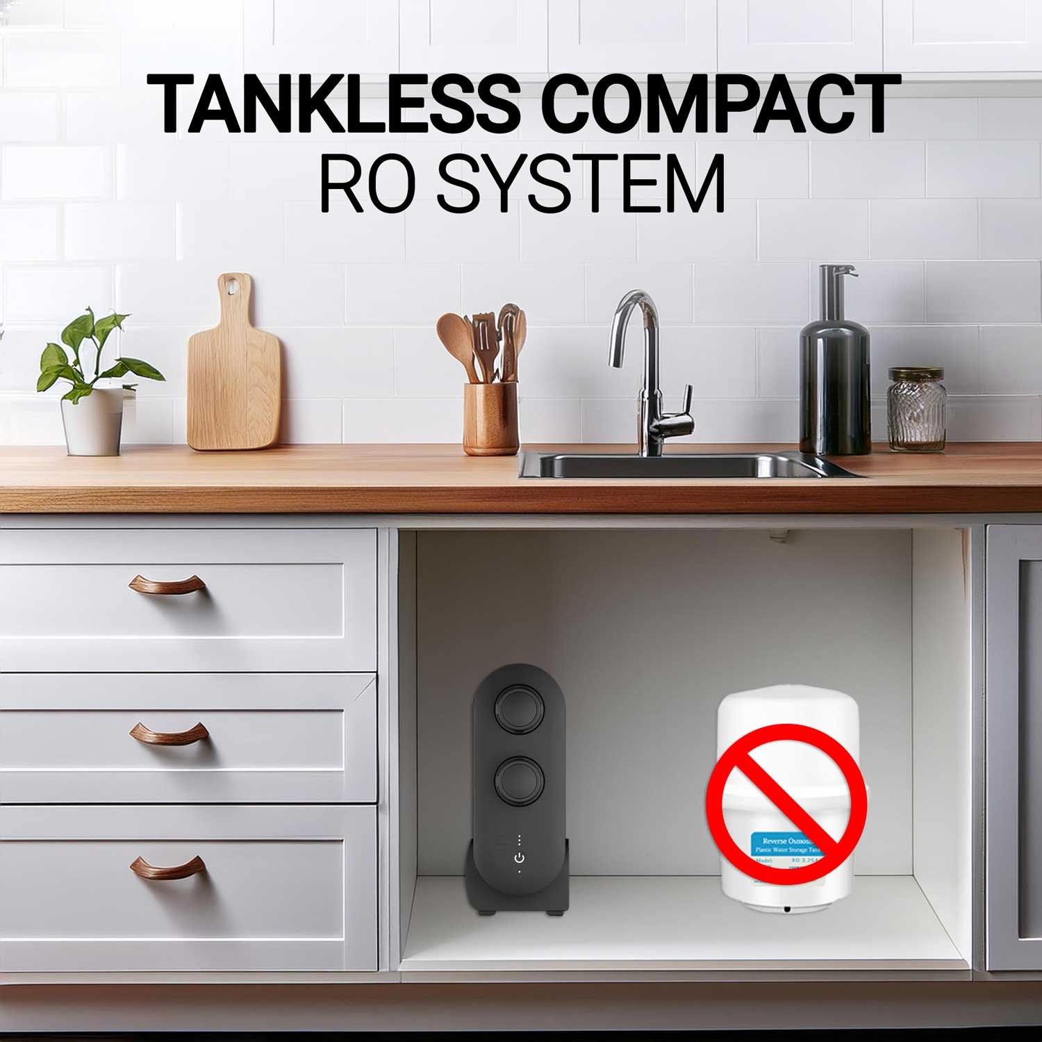 Tankless RO under a sink next to no tank sysmbol purofy mv