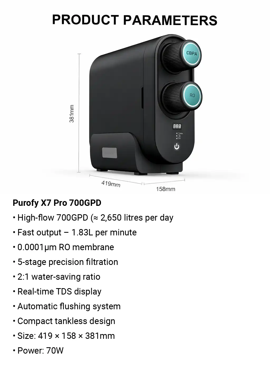 Purofy X7 Pro 700GPD Parameters RO Water Purifier