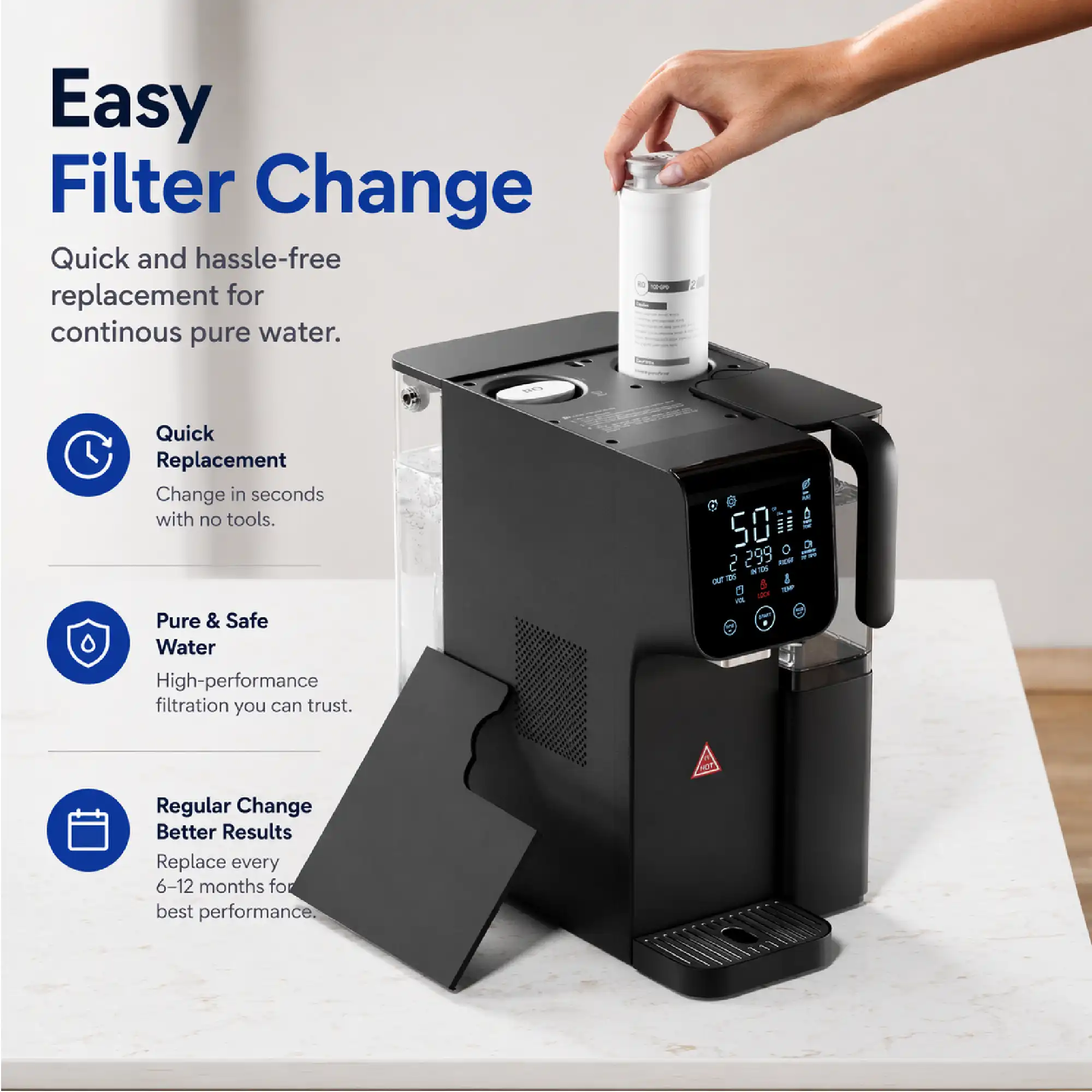 Purofy CT100 Plug Use countertop RO Water Purifier Product Details Easy Filter Change