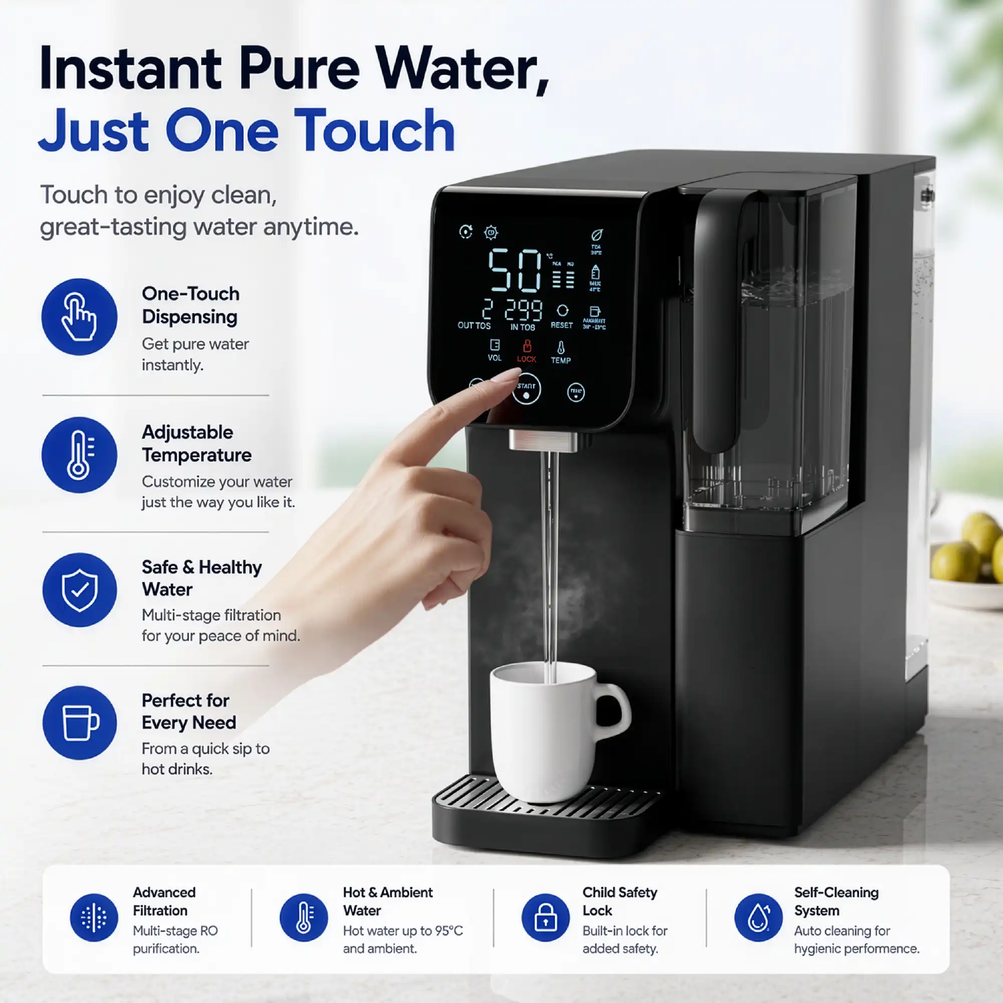 Purofy CT100 Plug Use countertop RO Water Purifier Product Details Instant pure water