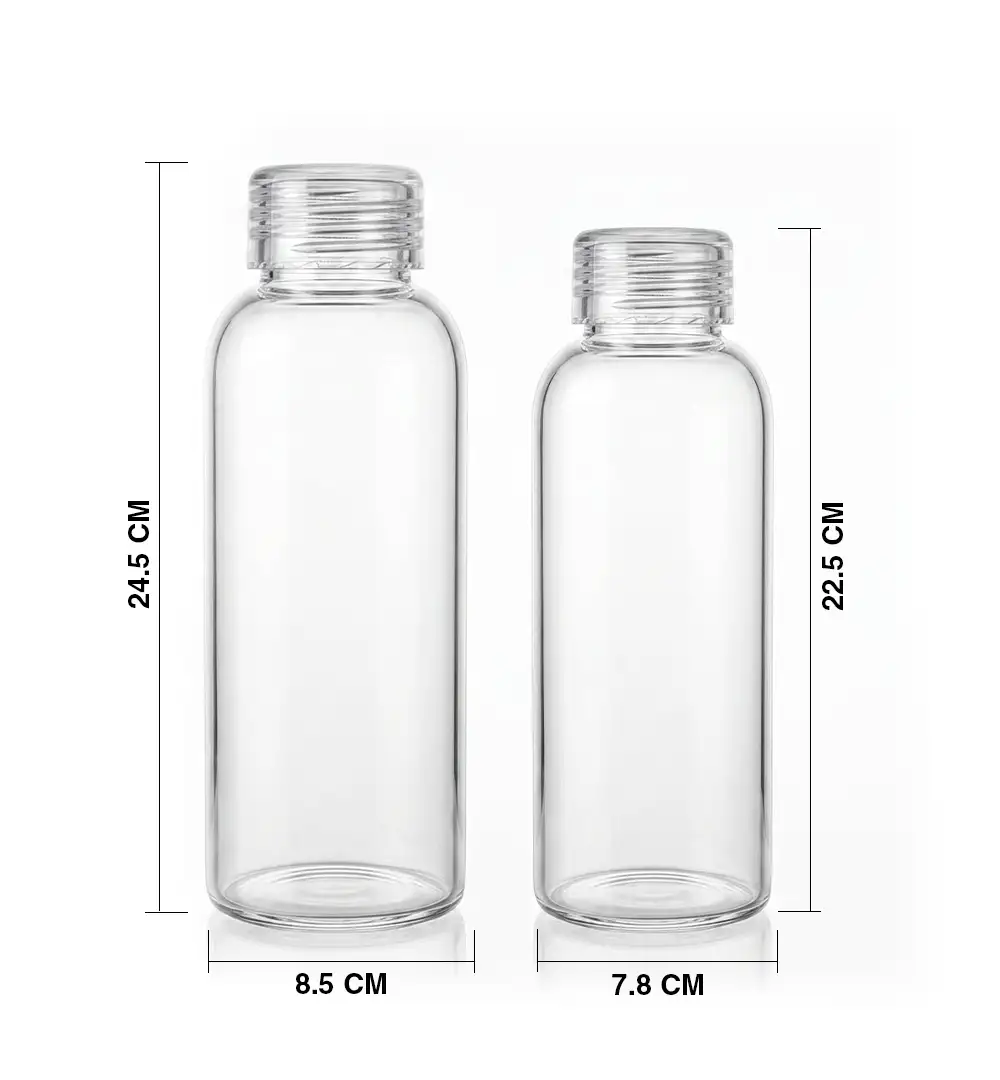 Purofy reusable borosilicate glass water bottle on office desk Maldives