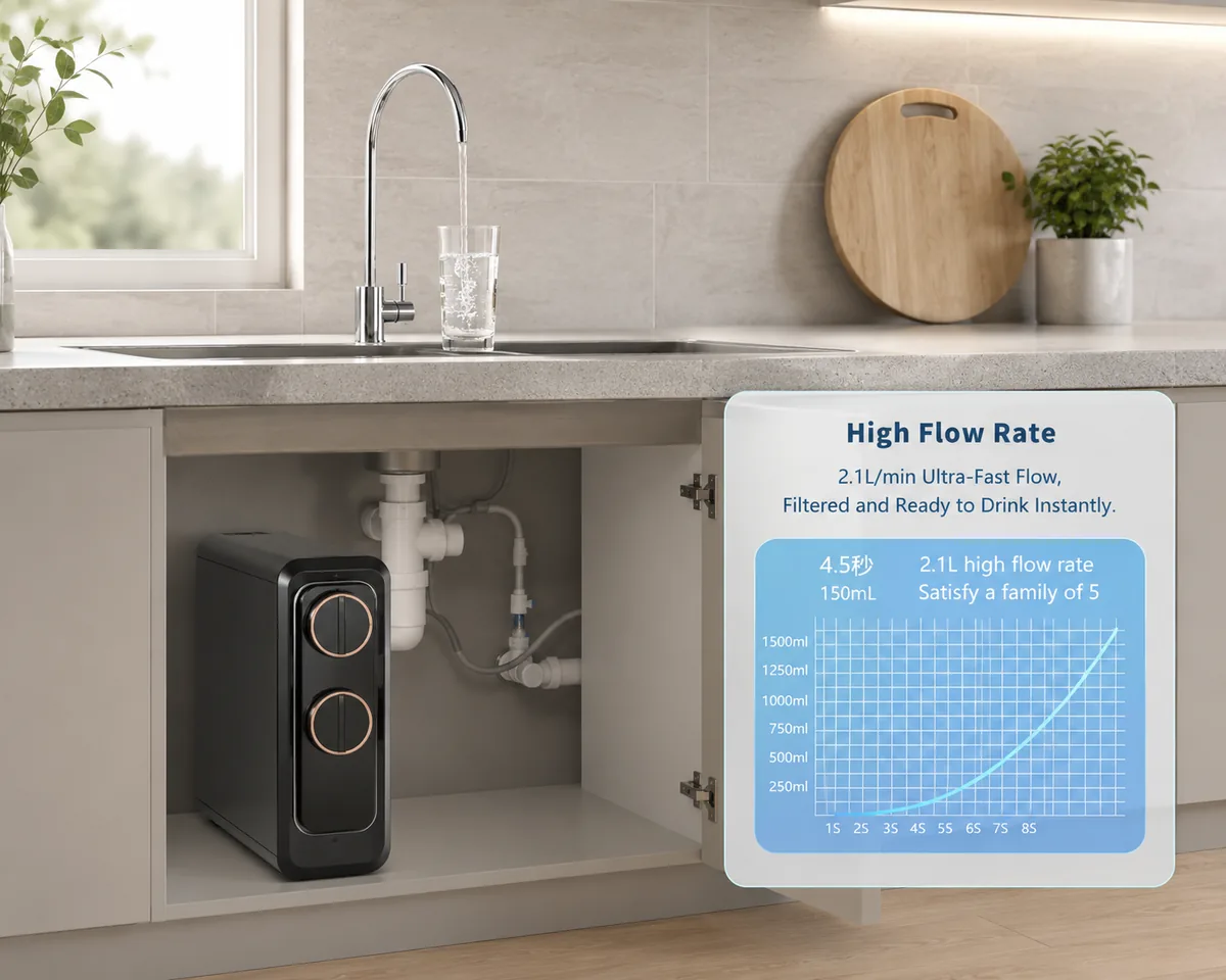 Purofy X8 800GPD Tankless RO Water Purifier in Maldives | Zero Stagnant Water System 3 Purofy X8 800GPD tankless RO water purifier high-flow faucet in Maldives kitchen