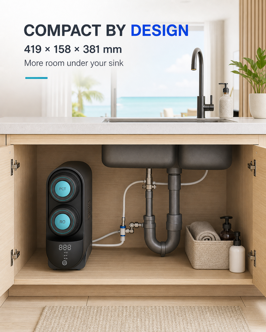 Purofy A9 Pro compact under-sink installation Purofy A9 Pro compact 419 × 158 × 381 mm under-sink installation
