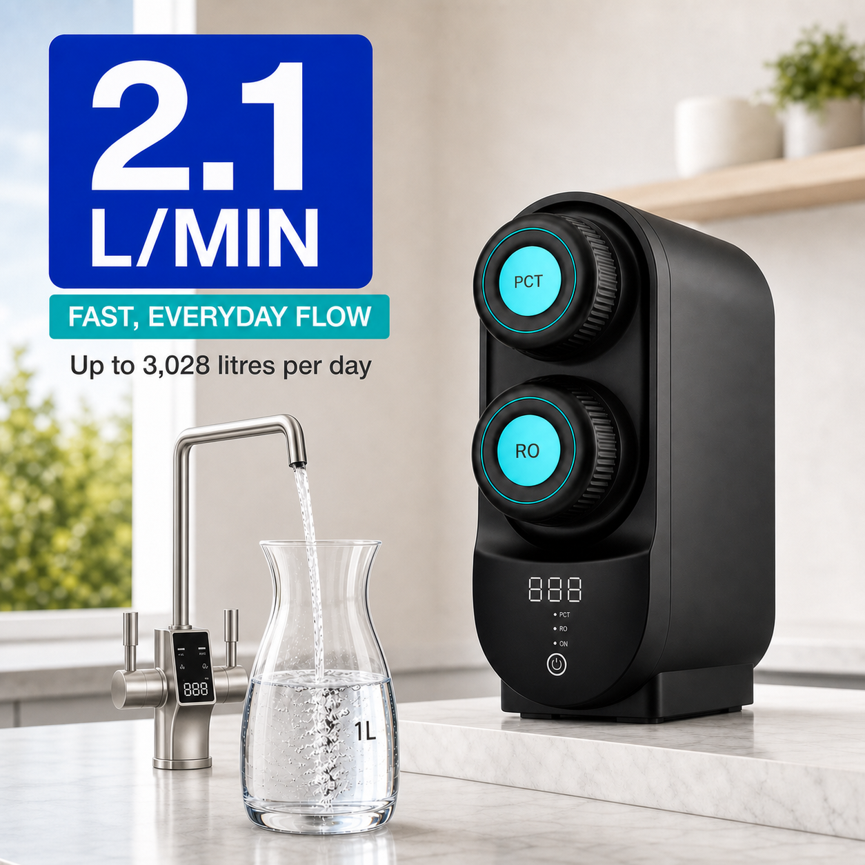 A9 Pro 2.1 L/min Fast Flow with Smart Faucet Purofy A9 Pro with electronic smart faucet delivering 2.1 litres per minute