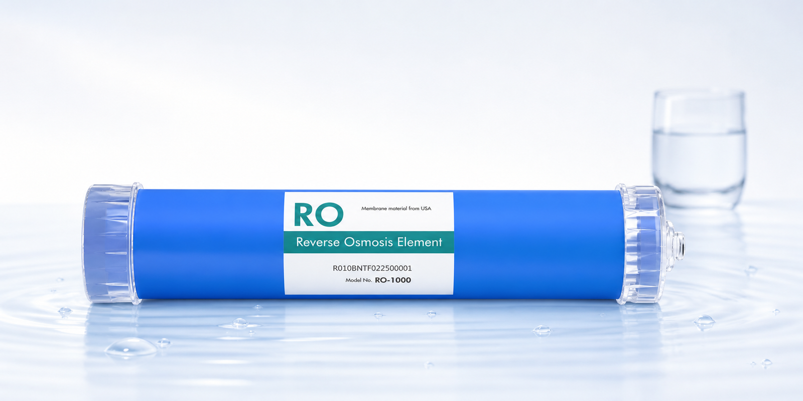 A9 Pro RO Filter Studio Visual Horizontal Purofy A9 Pro RO membrane filter cartridge on a clean water-toned background