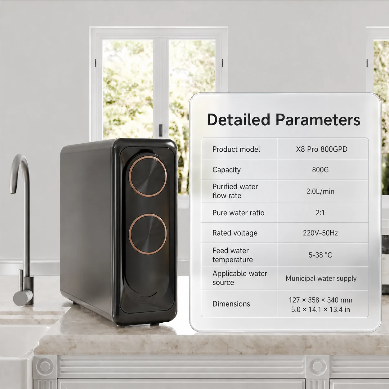 Purofy X8 800GPD Tankless RO Water Purifier in Maldives | Zero Stagnant Water System 9 Purofy X8 800GPD detailed technical parameters and specifications Maldives