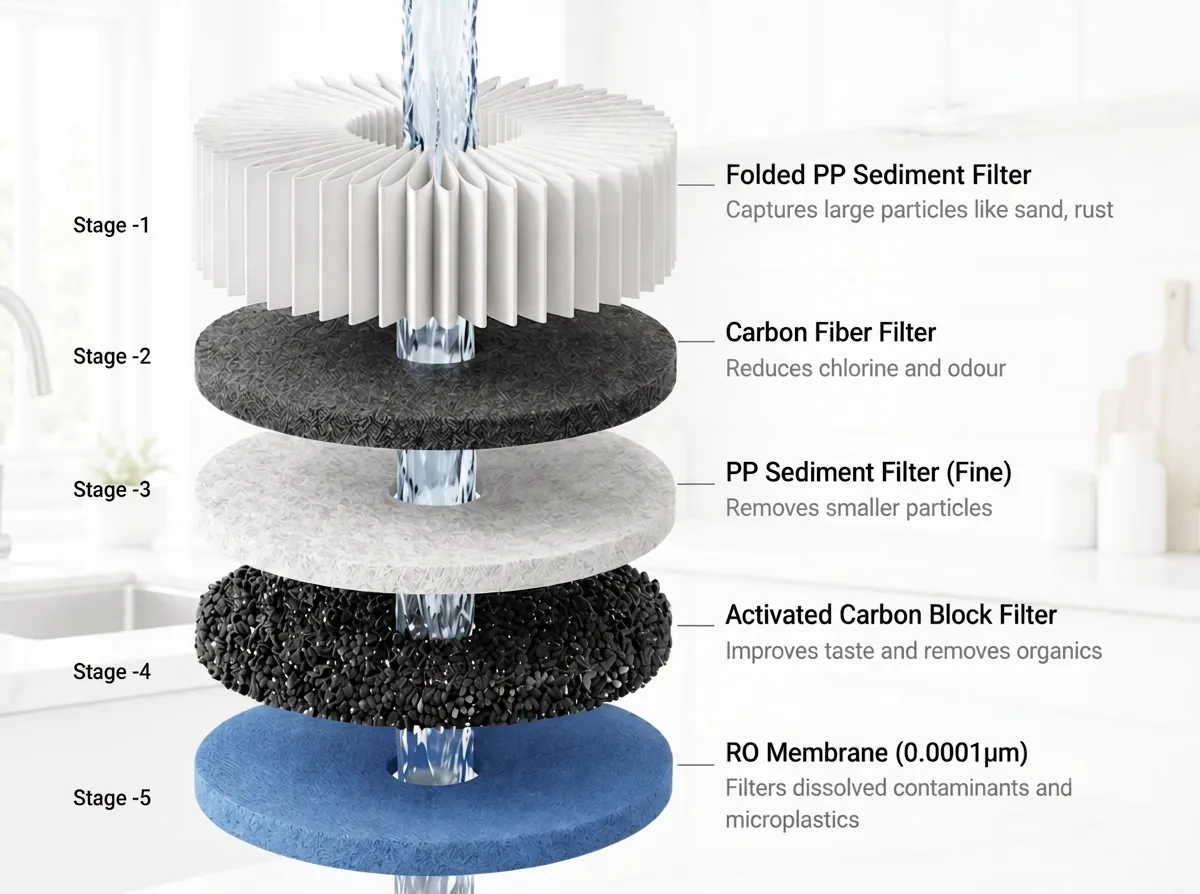 Home Water Purifier Maldives – Compare Purofy Systems 11 Five filtration stages: folded PP sediment, carbon fiber filter, fine PP sediment, activated carbon block, and RO membrane