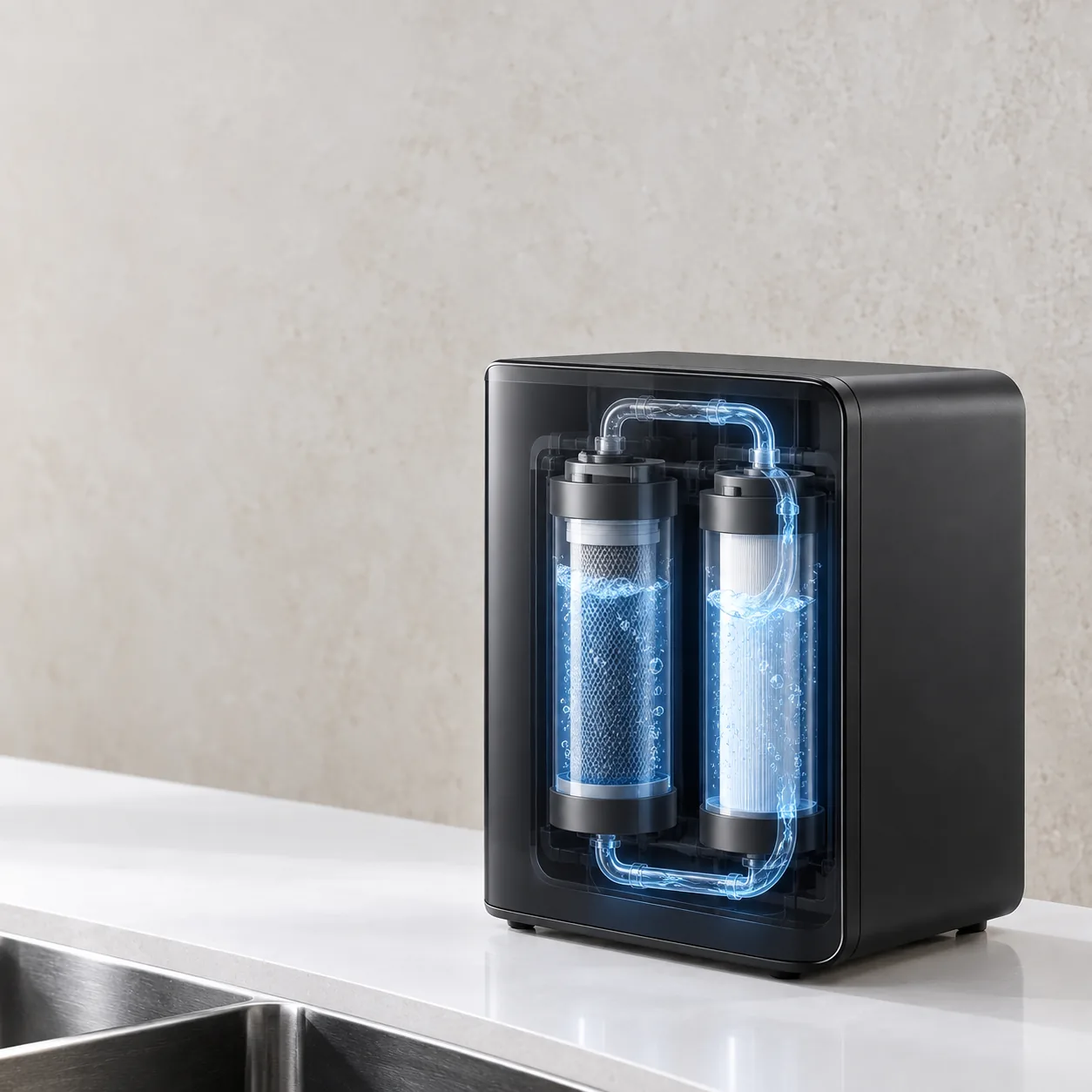 Home Water Purifier Maldives – Compare Purofy Systems 16 Cutaway view showing automatic flushing through two RO filters