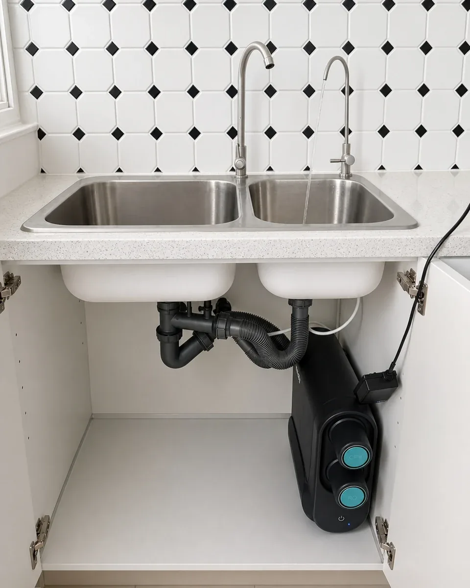 Home Water Purifier Maldives – Compare Purofy Systems 4 Purofy reverse-osmosis system installed below a double kitchen sink