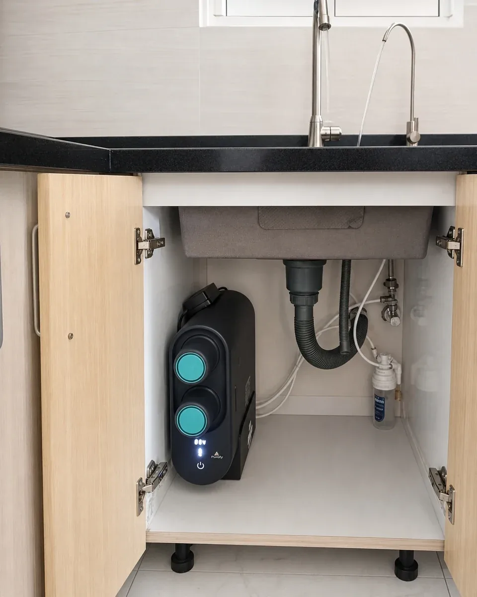Home Water Purifier Maldives – Compare Purofy Systems 5 Purofy reverse-osmosis system inside a light wood sink cabinet