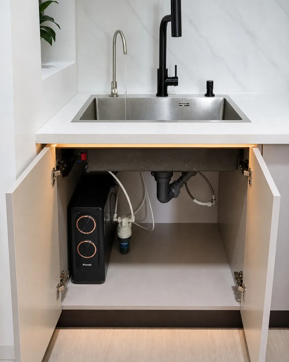 Home Water Purifier Maldives – Compare Purofy Systems 3 Purofy reverse-osmosis system installed below a modern white kitchen sink