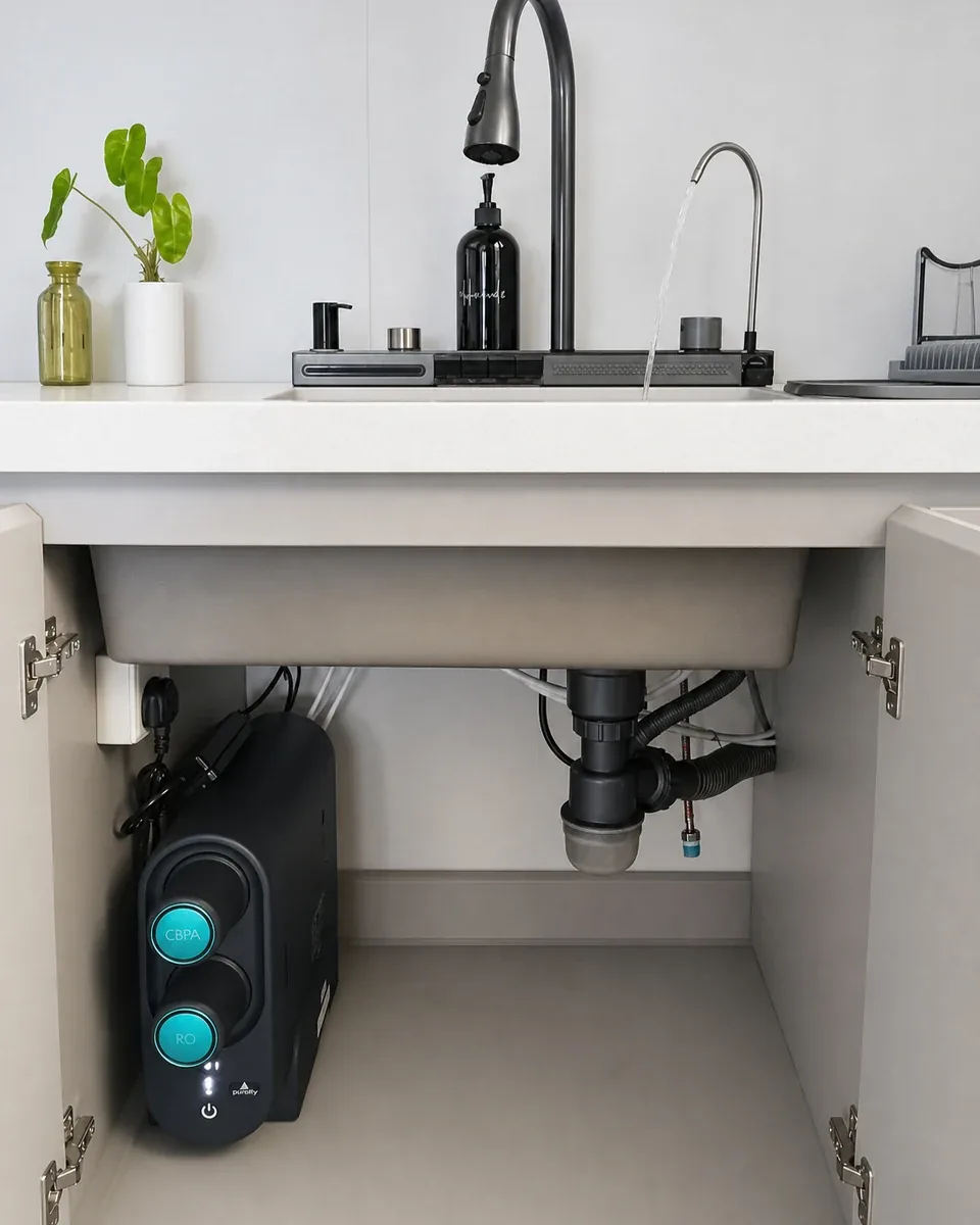 Home Water Purifier Maldives – Compare Purofy Systems 6 Purofy reverse-osmosis system installed in a styled modern kitchen